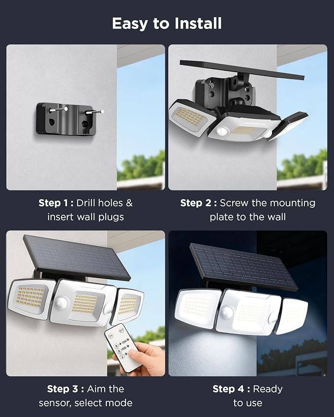Deepn Solar Outdoor Lights, IP67 Waterproof Solar Flood Lights Outdoor with Dual Motion Sensors, 3 Modes Security Solar Lights Outdoor with Remote, 270° Wide Angle 3 Heads Flood Area Light for Garage