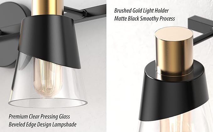 URSOLA Bathroom Light Fixtures, 4 Lights Bathroom Lighting Fixtures Over Mirror, 28.34 inch Black and Gold Design with Bevelled Edge and Clear Glass Shade Wall Lamp