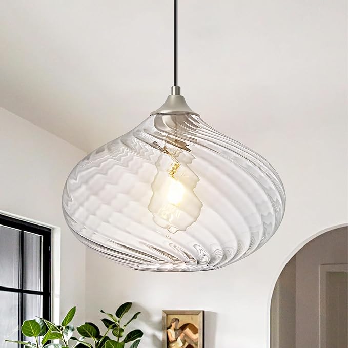 Glass Pendant Lights Kitchen Island, 11'' Brushed Nickel Pendant Lighting Fixtures, Modern Hanging Ceiling Light With Striped Clear Glass Shade for Farmhouse Dining Room Bedroom Hallway(1 Pack)
