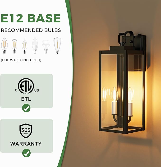 DORESshop 18" Dusk to Dawn Outdoor Wall Lights, 2-Light Black & White Outdoor Wall Sconce Lantern with Clear Glass, Tall Transitional Exterior Light Fixtures for Porch, Garage, ETL Listed, 2 Pack