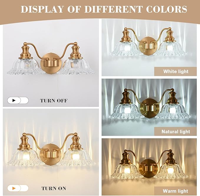 Gold Bathroom Light Fixtures Over Mirror, 2 Light Vintage Bathroom Vanity Light Fixture with Clear Flower Glass Shades, Retro Brass Vanity Lights for Bathroom, Bathroom Vanity Lights Over Mirror