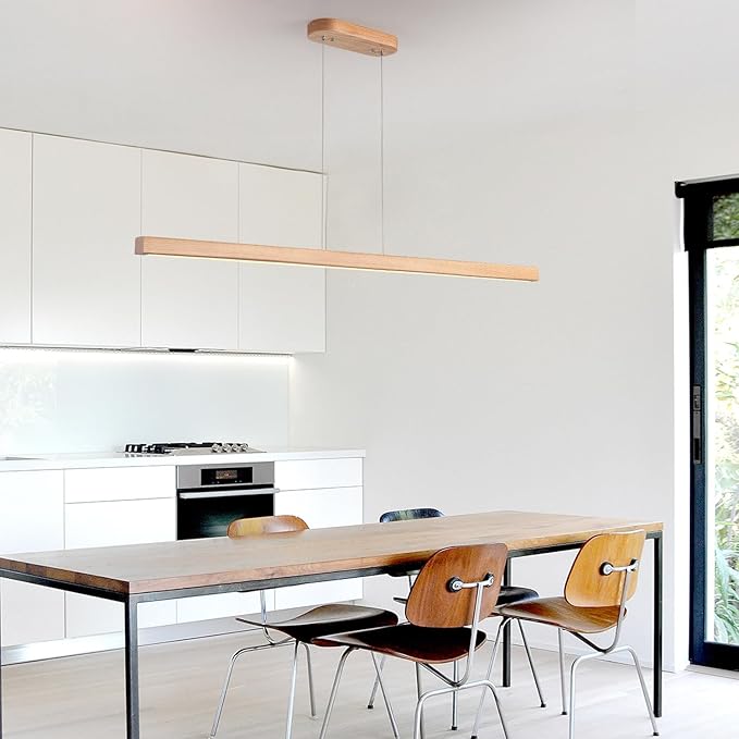 YISDESIGN 59" Wood Linear Pendant Light Fixtures Led Dining Room Chandelier Linear Kitchen Island Hanging Lights Dimmable Modern Pendant Light for Dining Room Kitchen Island Pool Table Lights Natural