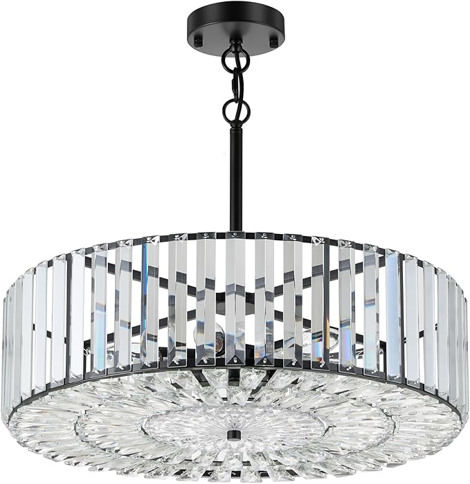 VONLUCE Cystal Ceiling Light Fixture, 6-Light Semi Flush Ceiling Light with Crystal Prisms, 21 in. Chandelier for Dining Room Bedroom Entryway, Kitchen, Black Metal Canopy, ETL Certificated