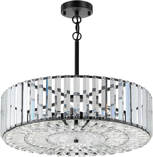 VONLUCE Cystal Ceiling Light Fixture, 6-Light Semi Flush Ceiling Light with Crystal Prisms, 21 in. Chandelier for Dining Room Bedroom Entryway, Kitchen, Black Metal Canopy, ETL Certificated