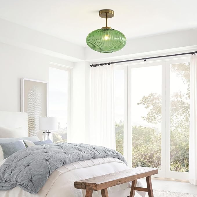 KCO Lighting Vintage Green Ribbed Glass Flush Mount Light Brushed Gold Semi Flush Mount Ceiling Globe Hallway Ceiling Light Fixture