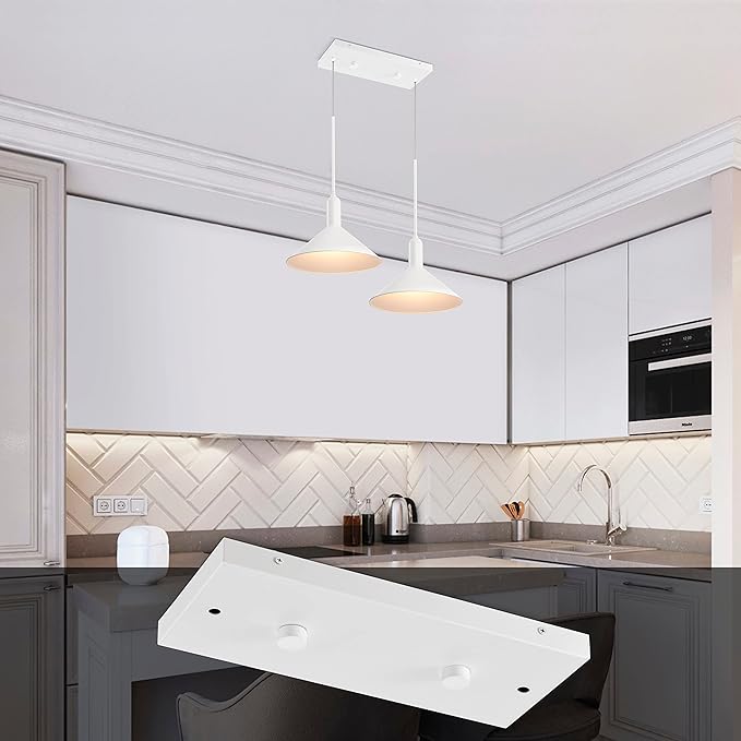 Two Pendant Light Linear Canopy Accessory Light Kit, 14 inch Flush Mount Cluster Canopy, Hanging 2 Lights with One Outlet Box for Kitchen Island, Mounting Hardware Included, Matte White…