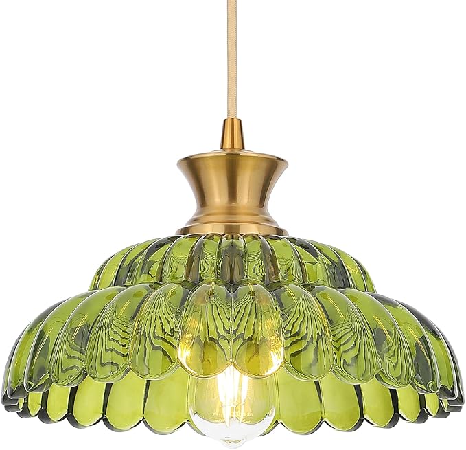 Green Glass Pendant Lights, 11.8" Vintage Lighting Glass Light Fixtures Brushed Gold Modern Hanging Ceiling for Kitchen Island Dining Room Restaurant Foyer Entryway
