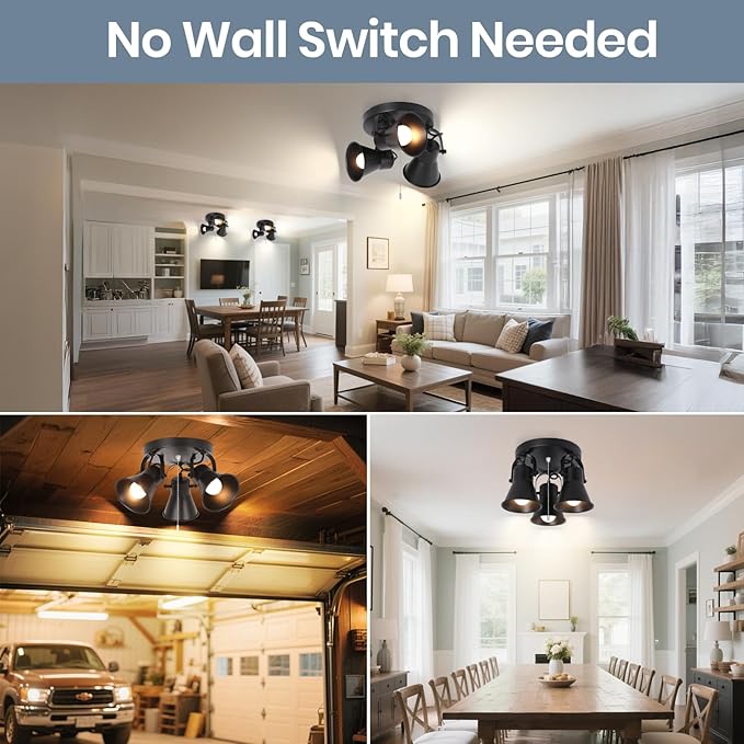 KEESFU Adjustable 3-Light Track Lighting with Pull Chain Switch, Modern Round Ceiling Lamp for Kitchen Hallway Bathroom, Directional Flush Mount Fixture for Dining Room Bedroom Office.