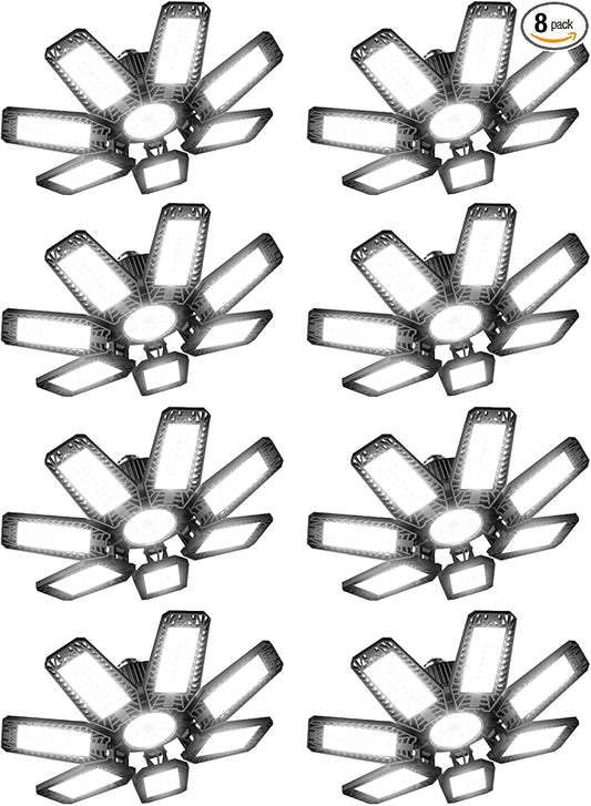 LED Garage Light 8 Pack - 200w 20000LM 6500K Garage Lights Ceiling LED with 7+1 Adjustable Panels, Shop Lights Screw in E26 E27 Bulb Socket for Workshop, Storage Room, Basement, Warehouse