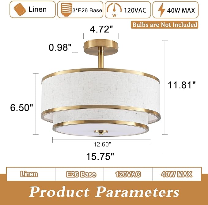 BUXVRCS Semi Flush Mount Ceiling Light Fixture, Modern Light Fixtures Ceiling Mount with Fabric Shade, 3-Light Double Drum Lighting Fixtures Close to Ceiling Light for Bedroom (Gold)