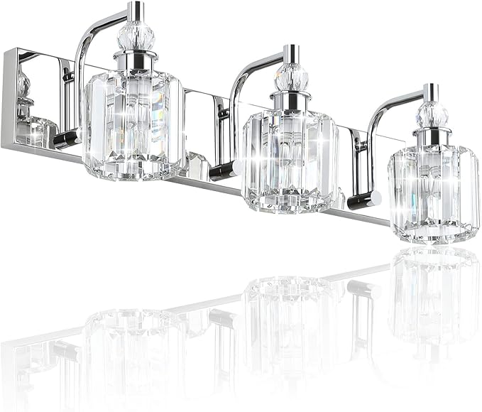 Ralbay Crystal Vanity Light Fixtures 3 Light Modern Crystal Bathroom Lights Fixtures Over Mirror Stainless Steel Chrome Vanity Light for Bathroom Wall Lights Fixtures