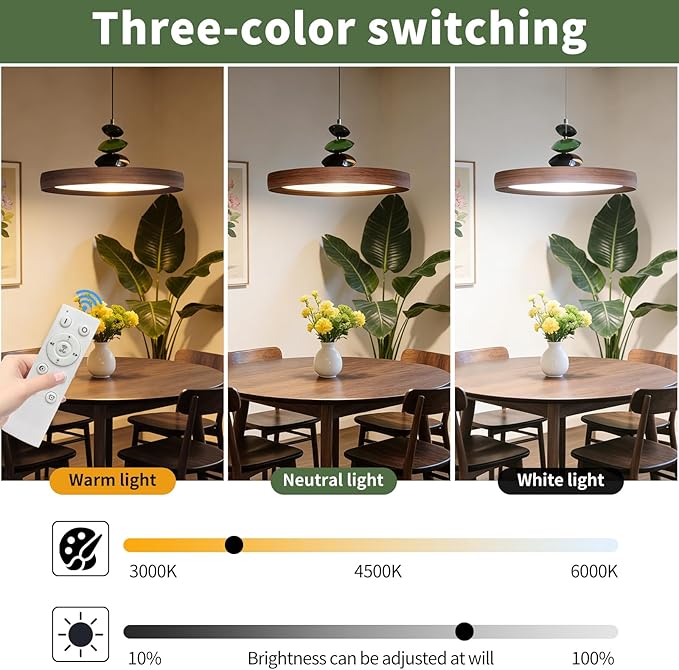 Mikeru Modern Pendant Lights, 23.6" Wood Grain Finish Pendant Lighting Fixture with Remote Control Dimmable 3 Color Mode & Brightness Mid Century Island Light Fixture for Dining Room,Living Room