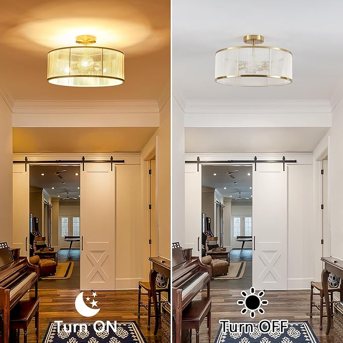 17.3" Boho Gold Semi Flush Mount Ceiling Light Modern Fixtures Ceiling Mount with Hand-Woven Rope Shade 3-Light Drum Lighting Fixtures Close to Ceiling Light for Bedroom Living Room Hallway Kitchen