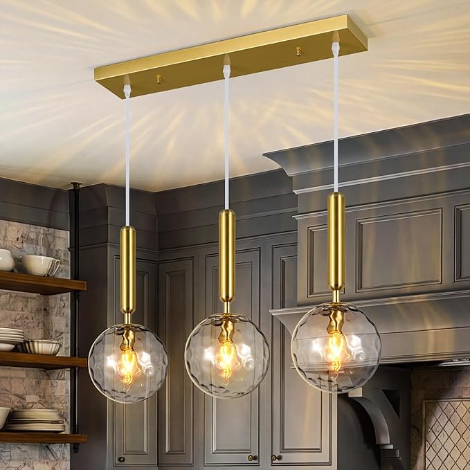 Mid Century Globe Pendant Light with Clear Glass for Kitchen Island Modern Gold Finish Hanging Light Fixture Retro Round Pendant Lighting for Living Room Bedroom Entryway(3-Light)
