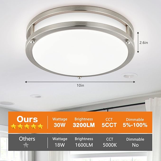 10Inch 30W LED Flush Mount Ceiling Light Fixtures, Ultra Bright 3200LM Dimmable Ceiling Lights, 5CCT 2700K 3000K 4000K 5000K 6500K, Ceiling Lamps for Kitchen Hallway Bedroom Bathroom, Nickel 1 Pack