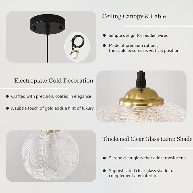 Clear Glass Pendant Light, Single Large Globe Shade Hanging Chandelier, 9.8-Inch Hand Blown Glass Ball Pendant Light Fixtures for Kitchen Island, Staircase, Dining Room, Living Room, Bedroom