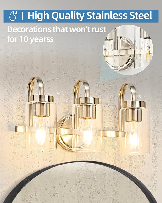 3 Light Bathroom Vanity Light, Brushed Nickel Vanity Lights for Bathroom, Modern Light Fixtures Over Mirror with Clear Glass Shade, Wall Sconce Lighting for Bedroom Living Room Hallway