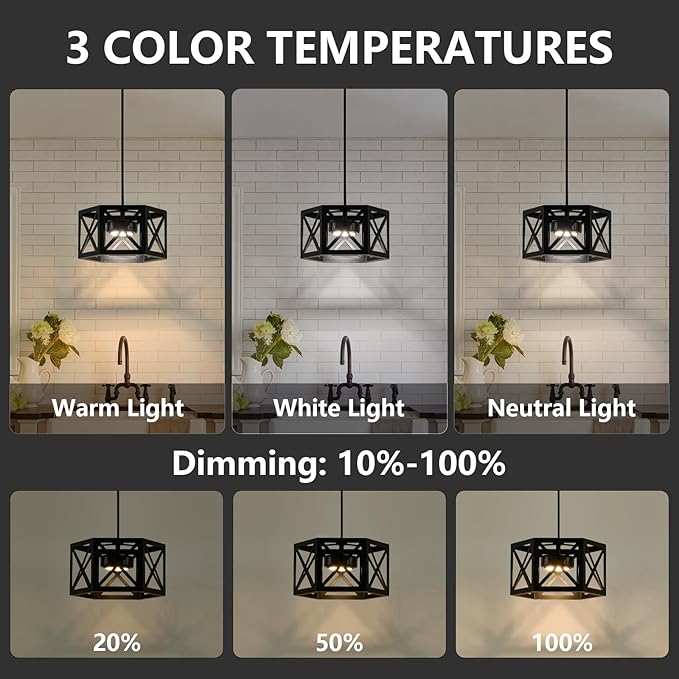 XSDeTu 2 Pack Rechargeable Battery Operated Pendant Lights, Modern Farmhouse Battery Powered Hanging Light, 3 Colors Dimmable Metal Ceiling Lights, Adjustable Black Pendant Lighting for Kitchen island