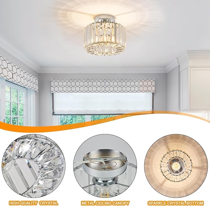 BUXVRCS Silver Crystal Chandelier - Modern Semi Flush Mount Ceiling Light Fixture for Kitchen, Bedroom, Living Room & More (Silver)