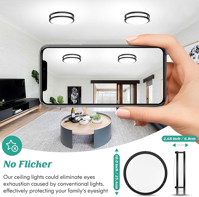 10 Inch LED Flush Mount Ceiling Light Fixture, 30W 4000LM Dimmable 2700K/3000K/4000K/5000K/6500K Color Changing Ceiling Light, Black Modern Ceiling Lamp for Living Room Bedroom Kitchen Hallway, 1-Pack