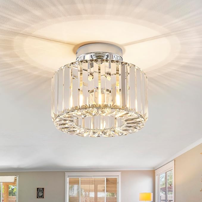BUXVRCS Silver Crystal Chandelier - Modern Semi Flush Mount Ceiling Light Fixture for Kitchen, Bedroom, Living Room & More (Silver)