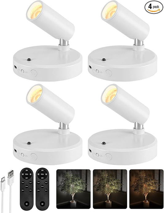 EZVALO Spot Lights Indoor, 5500mAh Rechargeable Plants Spotlights with Remote, Wireless Mini Art Accent with Timer＆Dimmable, 3CCT, Uplights Indoor for Plants, Display, Artwork (4Pack-White)