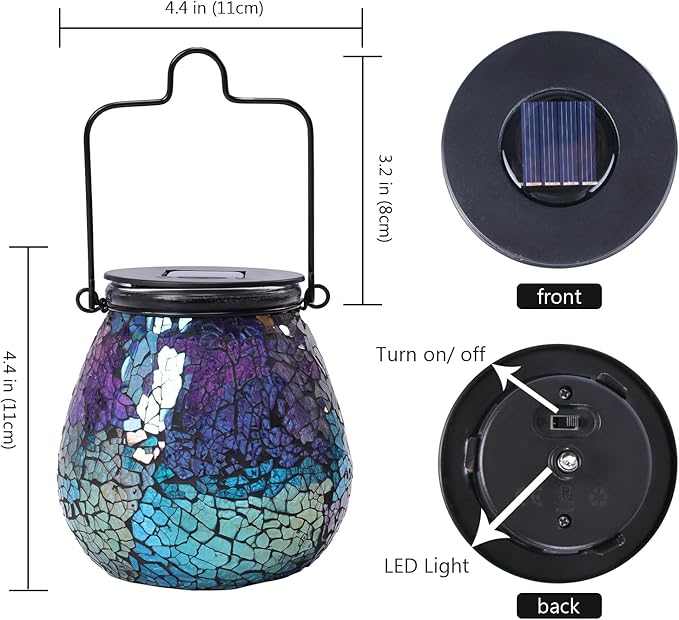 Bshine Mosaic Solar Lantern Outdoor Hanging Waterproof, Colourful Glass Purple Lantern Valentine's Day Indoor Decor Table, Garden Decor for Yard Outside, Lawn, Birthday Gift for Mom Women Gardening