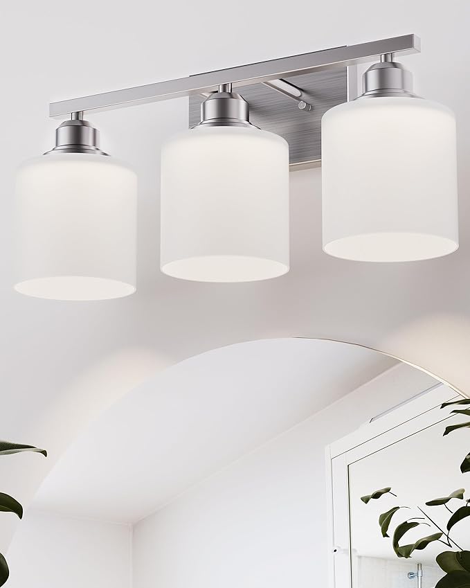 Sailstar Bathroom Light Fixtures Over Mirror, 3-Light Vanity Lights Brushed Nickel, Modern Bathroom Vanity Light, Glass Shade & Anti-Rust Nickel Finished, Bathroom Light for Small Space