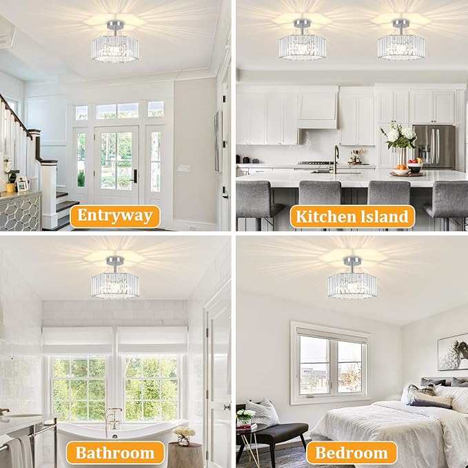 TOULMJ Crystal Semi Flush Mount Ceiling Light, 3-Light Modern Close to Ceiling Light Fixtures, Chrome Hallway Light Fixtures Flush Mount Chandelier for Entryway Kitchen Bedroom Bathroom Laundry Room