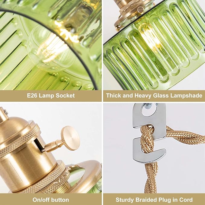Pendant Light Fixtures,Plug in Hanging Light Fixture Green Glass 6.6in Pendant Light,E26 Pendant Lighting for Kitchen Island, Bedroom, Dining Room, Living Room