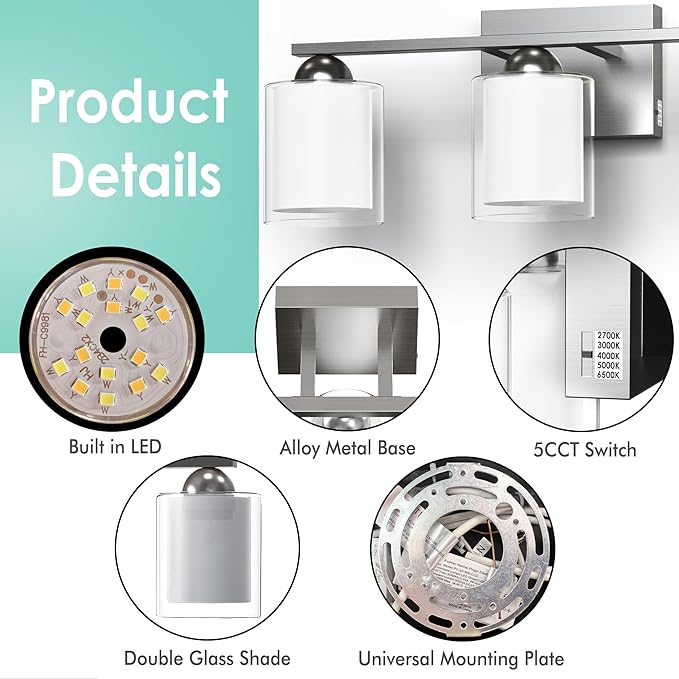 Quntis 3 Light Brushed Nickel Bathroom Light Fixtures, Modern Vanity Lights Over Mirror with 5 Colors & Stepless Dimmable, 16 Inch LED Bathroom Lighting with Milk White Frosted Glass (Bulbs Included)