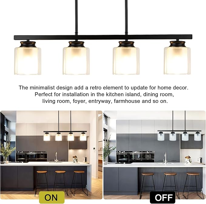 DLLT Kitchen Island Pendant Light Fixture, 4 Lights Metal Farmhouse Chandeliers, Vintage Flush Mount Ceiling Hanging Lighting with Glass Shade for Dining Room, Foyer, Restaurant, Bar, E26 Base