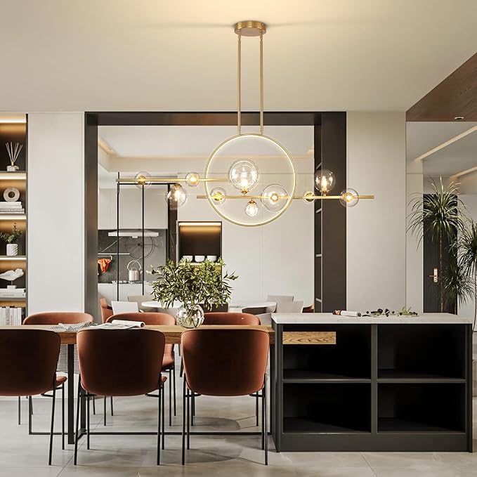 KELUOLY 10-Light Gold Kitchen Island Light, 54" Modern Dimmable Mid-Century Dining Room Chandelier, Linear Sputnik Pendant Lights with Globe Clear Glass Shade for Dining Room Kitchen Island, bar