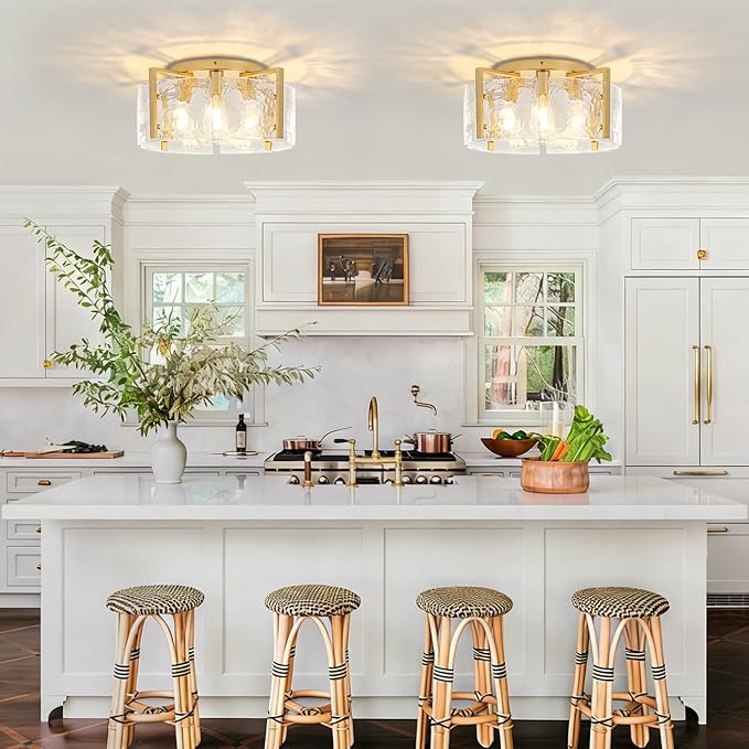 18.5'' Modern Gold Semi Flush Mount Ceiling Light, 4-Light Glass Drum Light Fixtures, Ceiling Lights for Hallway Foyer Entryway Bedroom Kitchen Island Dining Room Living Room Bathroom Lighting Fixture