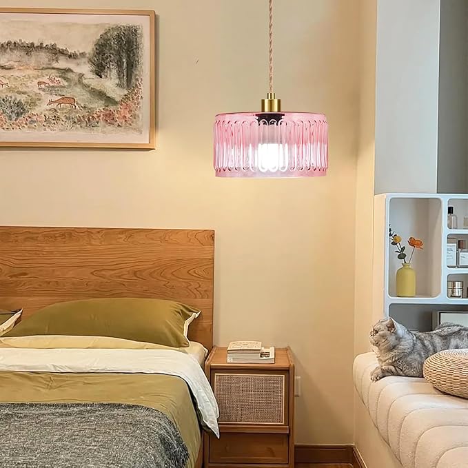 QIYIZM Pink Plug in Pendant Light Glass Hanging Lights with Plug in Cord Boho Hanging Lamp Gold Mid Century Modern Vintage Dimmable Flower Plug in Chandelier Ceiling Fixture for Living Room,Bedroom