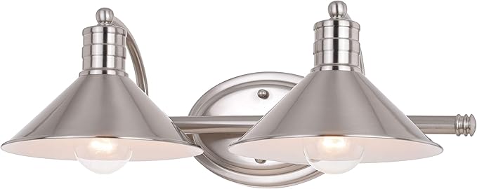 VAXCEL Akron 2-Light 18 inch Wide Satin Nickel and Matte White Farmhouse Bathroom Vanity Lighting Fixture, Metal Shade, Dimmable, LED Compatible, Over The Mirror Mounted Steel Wall Sconce