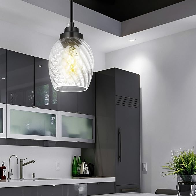 Glass Pendant Lights Kitchen Island,Twisted Clear Glass Treatment Pendant Light,Modern Hanging Light for Kitchen Sink Dining Room Bedroom, E26 (Black, 2pack)