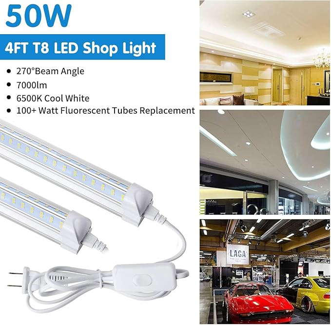Led Shop Lights,Led Shop Lights 4FT 50W 6500K 7000LM Clear White,Shop Light 4FT 110V Linkable Integrated V-Shape for Shop Garage,Warehouse,Workbench and Workshop Commercial Bay Lighting(4-Pack)