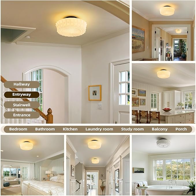 Milk Glass Schoolhouse Ceiling Light - 14 Inch Vintage Mid Century Modern Flush Mount Lighting Fixtures - Antique Art Deco Lamp for Hallway Bedroom Kitchen Entryway Laundry Foyer Bathroom Dining Room