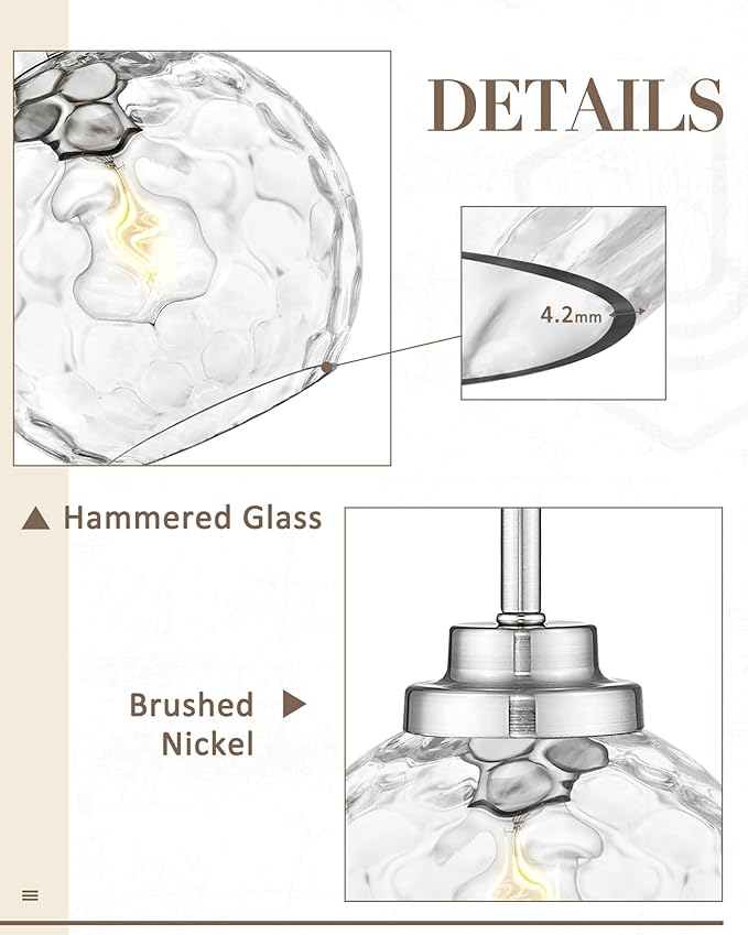 8 Inch Modern Farmhouse Pendant for Kitchen Island, Adjustable Height Hanging Fixture with Hammered Glass, Brushed Nickel, Dining Room Entryway - PL101HBN-L