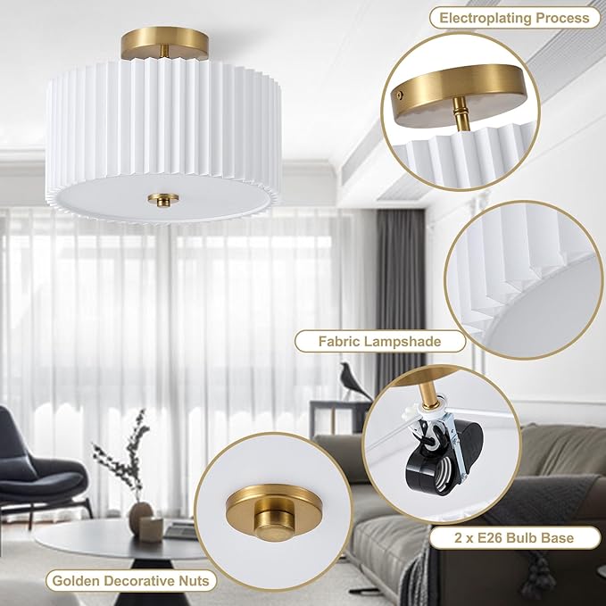 Semi Flush Mount Ceiling Light,12.6"Modern Close to Ceiling Light Fixture With White Fabric Shade,Light Fixtures Ceiling Mount Bedroom Ceiling Light for Bedroom Foyer Kitchen Living Room(Gold)