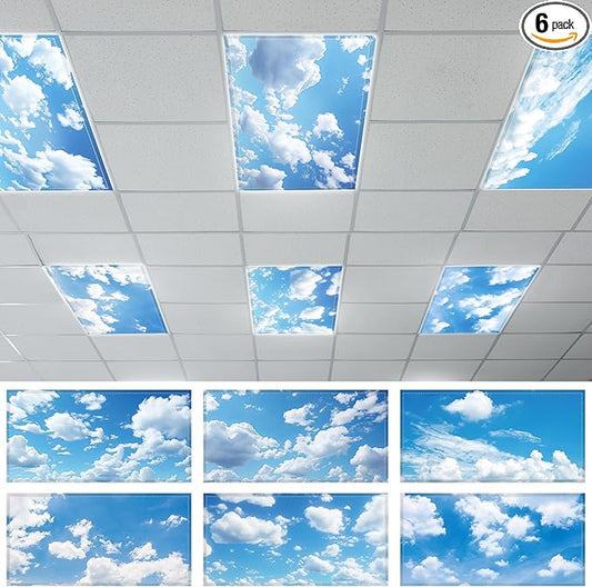 6 Pcs Fluorescent Light Covers with 60 Magnets Decorative for Classroom Ceiling Lights 4 x 2 Feet Magnetic Light Cover Filter Easy Install for Office Hospital Home Ceiling Supplies (Blue Sky Cloud)