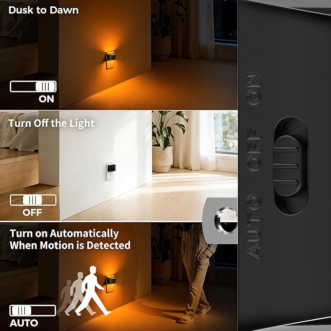 DORESshop LED Night Light[2 Pack], Night Lights Plug into Wall, 3 Mode Plug in Night Light with Motion Sensor, Dusk to Dawn Sensor, Nightlights for Adults, Bedroom, Bathroom, Hallway, Amber