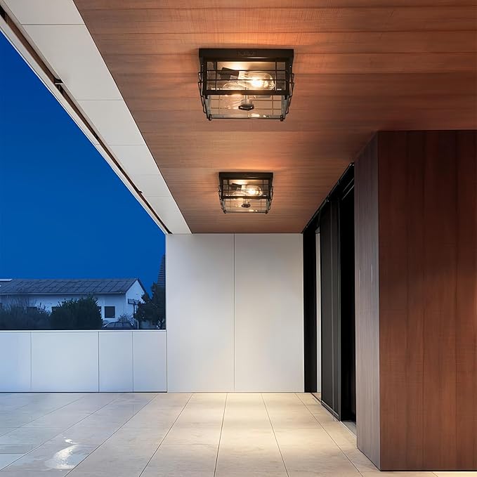 Yisuro Outdoor Ceiling Light with Motion Sensor Flush Mount Farm House Porch Light Ceiling Mount Adjustable 3 Modes Squares for Patio,Porch,Garage (Black-Square)
