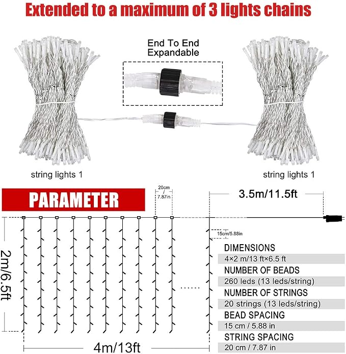 HEYFUNi Curtain Lights,13ftx6.5ft Safety Window Curtain Icicle String Lights 30V 8 Modes for Christmas Wedding Party Family Patio Lawn Decoration(Warm White)