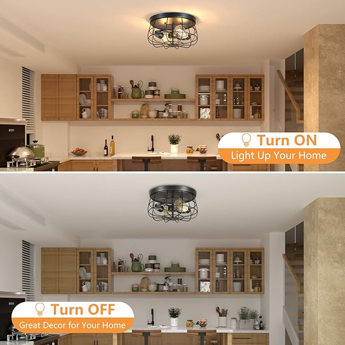 2-Light Farmhouse Ceiling Light Fixtures, Industrial Hallway Light, Vintage Black Metal Cage Ceiling Lamp for Living Room, Kitchen, Bedroom