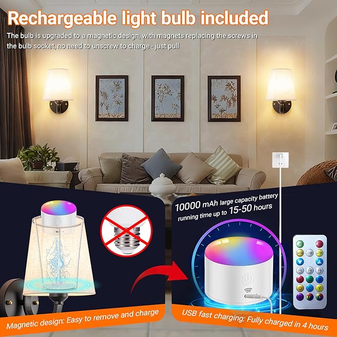 YHCDLAMP Peel and Stick Wall Sconces, No Drilling Stick On Wall Sconce, Wireless Battery Operated Wall Lights, Adhesive Wall Lamp with 10000mAh Battery Bulb for Bedroom Living Room Decor
