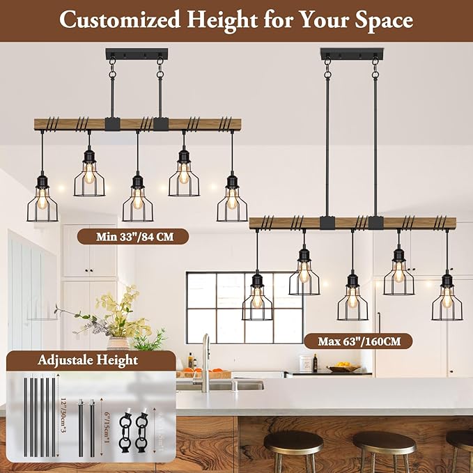 5-Light Dining Room Light Fixture, 63" Adjustable Height Pendant Lights Kitchen Island Black Metal & Rustic Wood Modern Linear Ceiling Chandeliers Over Table with E26 Base for Farmhouse Bar