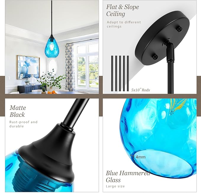 Black Pendant Lights Kitchen Island 2 Pack, Modern Blue Glass Pendant Light Fixtures with Hammered Glass and Rods, Adjustable Small Hanging Light for Kitchen Sink Dining Room Bathroom