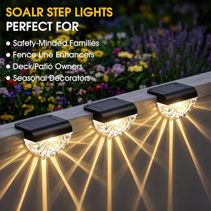 Greluna Solar Fence Lights, 8 Pack Waterproof Deck Outdoor Lights, Auto Dusk to Dawn Step Lights with Warm White Glow, Easy Install for Fence, Patio, Stairs, Pathway, Garden Lighting